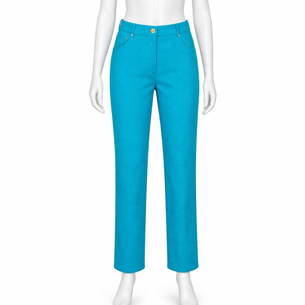 ST. JOHN SPORT By Marie Gray Turquoise Santana Knit Pants Size 10 Gold Button - Picture 2 of 10